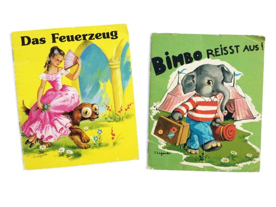Libri vintage per bambini in tedesco, L'accendino o Bimbo scappa,  illustrazioni di J Lagarde, libri Pussy degli anni '50 e '60 -  Italia