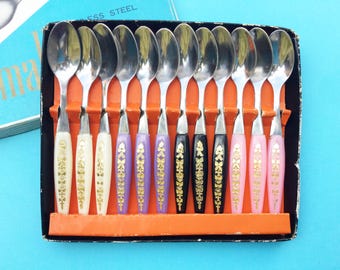 Vintage koffielepelset: halverwege de eeuw, roestvrij staal, originele doos