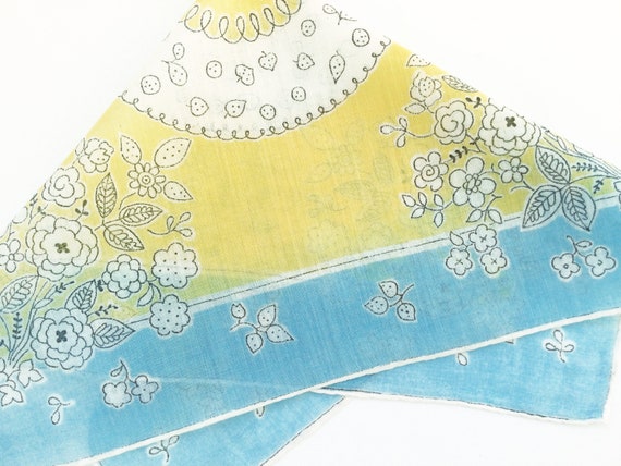 Vintage 50s handkerchief, blue and yellow, black … - image 1