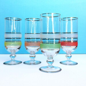 Vintage Mid Century Frosted Glasses: Multi-Colored Stemware, Set of 4