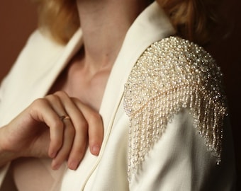 Beaded embroidery epaulettes, Wedding dress straps, Bridal straps, Fringed epaulette