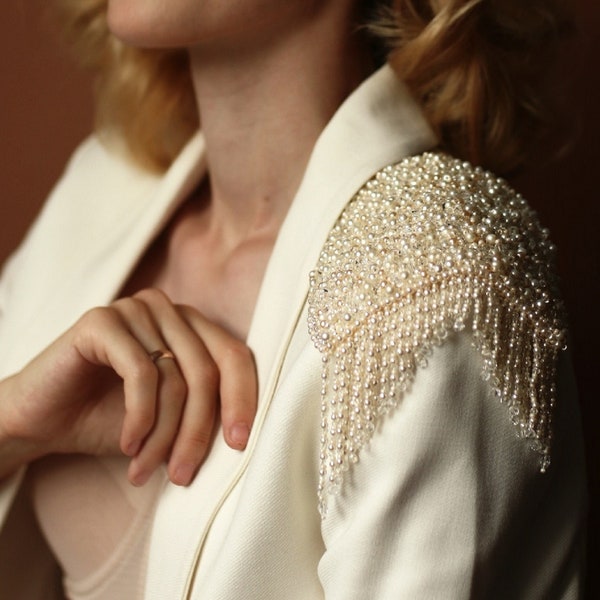 Beaded embroidery epaulettes, Wedding dress straps, Bridal straps, Fringed epaulette