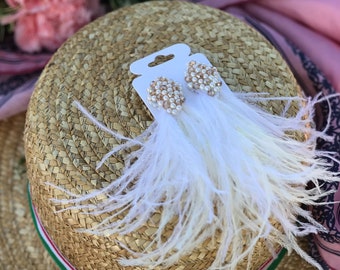 Feather earrings, white beaded feather earrings.