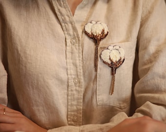 Cotton flower beaded brooch for woman, embroidered white flower brooch pin, unique woman crystal brooch with pearls, modern female brooch