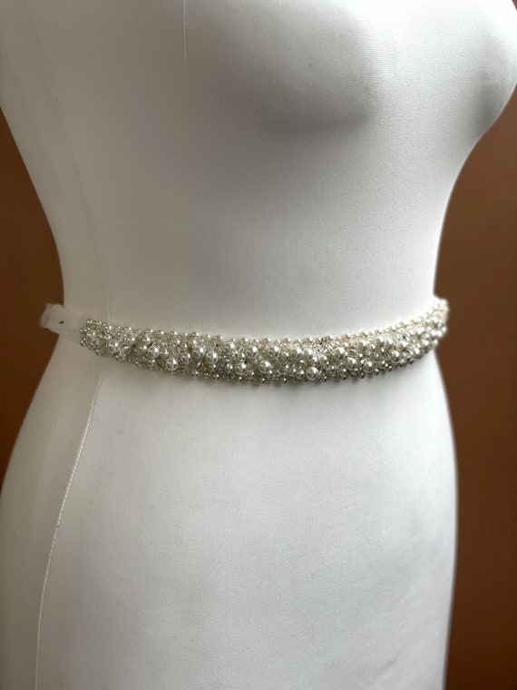 Pearl Belt Night Dress Wedding Sash Off White Rhinestone Waist Chain ANNULOYA Wide Pearl Belts Gift for Women Wedding Stretchy  main image 4