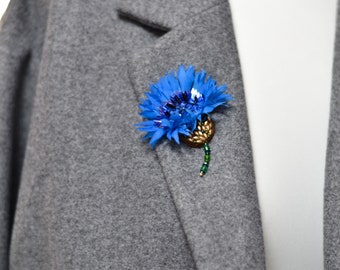 Cornflower brooch, flower pin.