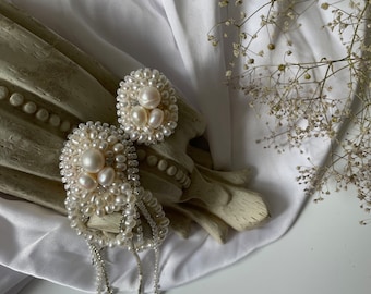 Pendientes de perlas de cadena de diamantes de imitación asimétricos nupciales, pendientes de cristal colgantes vintage para novia
