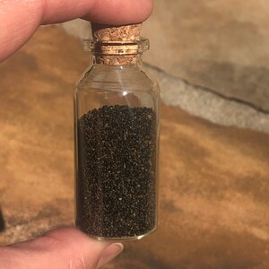 Puede incluir: Una peque&ntilde;a botella de vidrio con un tap&oacute;n de corcho llena de semillas negras.