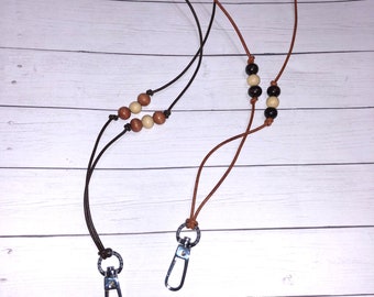 Leather and Wooden Bead Lanyard, Teacher Lanyard, ID Badge Holder, Teacher Gift