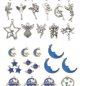 May include: A collection of silver-toned metal charms featuring fairies, angels, stars, and moons. Some charms have blue enamel accents. The charms are perfect for jewelry making, scrapbooking, and other craft projects.