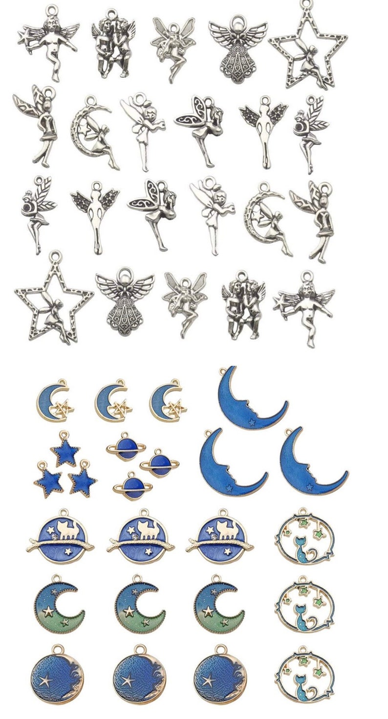 May include: A collection of silver-toned metal charms featuring fairies, angels, stars, and moons. Some charms have blue enamel accents. The charms are perfect for jewelry making, scrapbooking, and other craft projects.