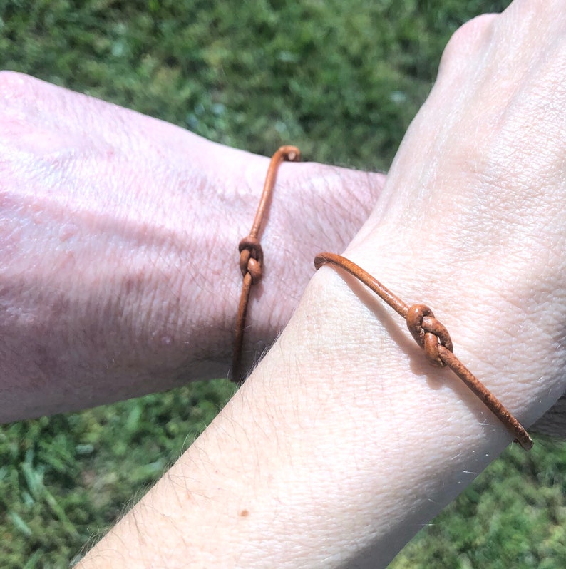 His and Hers Infinity Bracelet Set, Friendship, Couples, Best Friends, Love Knot Leather Bracelets, 3 year leather Anniversary Gift image 2