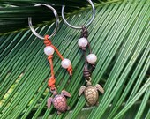 Leather and Freshwater Pearl Keychain with Turtle, Sea Turtle Keychain, Brass or Copper Keychain, Summer Keychain, Beach Keychain