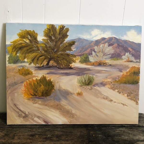 Vintage DESERT LANDSCAPE PAINTING, Original Art, Oil Painting, American Desert, Dry Landscape, High Desert, Mountains, Dy Riverbed