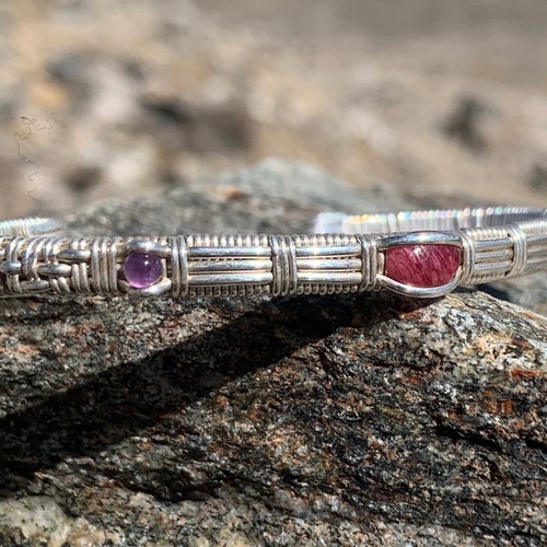 Rhodochrosite and Amethyst Sterling shops Silver Wire Wrapped Cuff Bracelet Size Small