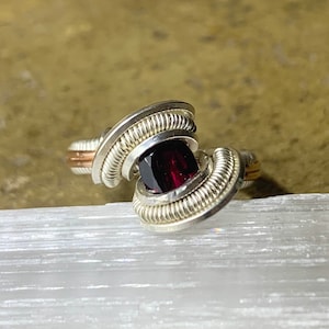 Faceted Garnet Sterling Silver and Rose Gold Fill Wire Wrapped Ring Size 4.5