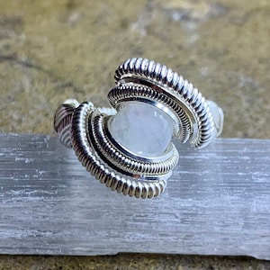 Moonstone and Opal Sterling Silver Wire Wrapped Ring Size 7.75