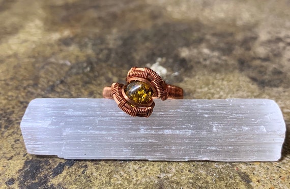 Amber Wire Wrapped Copper Ring Size