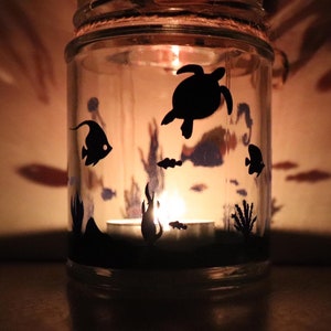 Sea life silhouette jar - Tea light holder or storage jar.
