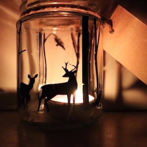 Woodland themed Silhouette Jar - Tealight holder / storage jar. Deer candle holder. Countryside themed decor. Stocking filler.