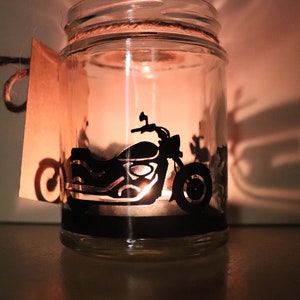 Motorbike Silhouette Jar - Tealight holder / storage jar. Motorbike candle holder. Biker gift. Stocking filler.