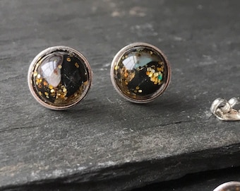 Black Tourmaline 8mm Stud Earrings, 925 Sterling Silver, Handmade Cabochon, Unique Gift For Bridesmaid, Everyday Wear Dainty Studs