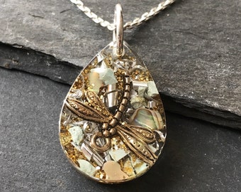 Handmade Dragonfly Necklace, Turquoise Teardrop Pendant With Sterling Silver Chain, Resin Statement Pendant Gift For Crystal Lover