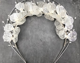 Silver Halo Bridal Headpiece, White Floral Wedding Tiara, Goddess Headband, Festival Flower Crown, Handmade Wedding Crown