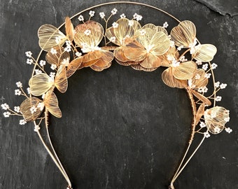 Gold Flower Bridal Crown, Floral Wedding Tiara, Goddess Halo Headband, Festival Flower Crown, Handmade Wedding Head Piece