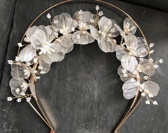 Gold & White Flower Bridal Crown, Floral Wedding Tiara, Goddess Halo Headband, Festival Flower Crown, Handmade Head Piece