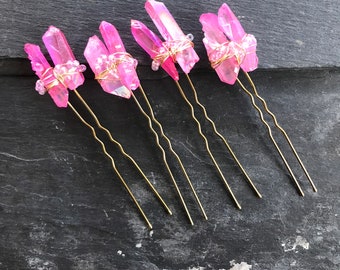 1 x Pink Crystal Hair Pin, Quartz Bun Grip, Gemstone Bobby Pin, Handmade Hair Accessory, Stone Hair Pin