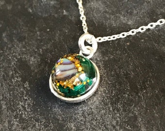 Malachite 8mm Charm Necklace, 925 Sterling Silver, Tiny Stone Pendant, Handmade Dainty Jewellery, Green Gemstone Pendant, Christmas Gift