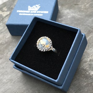 Blue Kyanite 12mm Crown Ring Adjustable 925 Sterling Silver Unique Handmade Cabochon Statement Jewellery Gift For Her Xmas Made In London