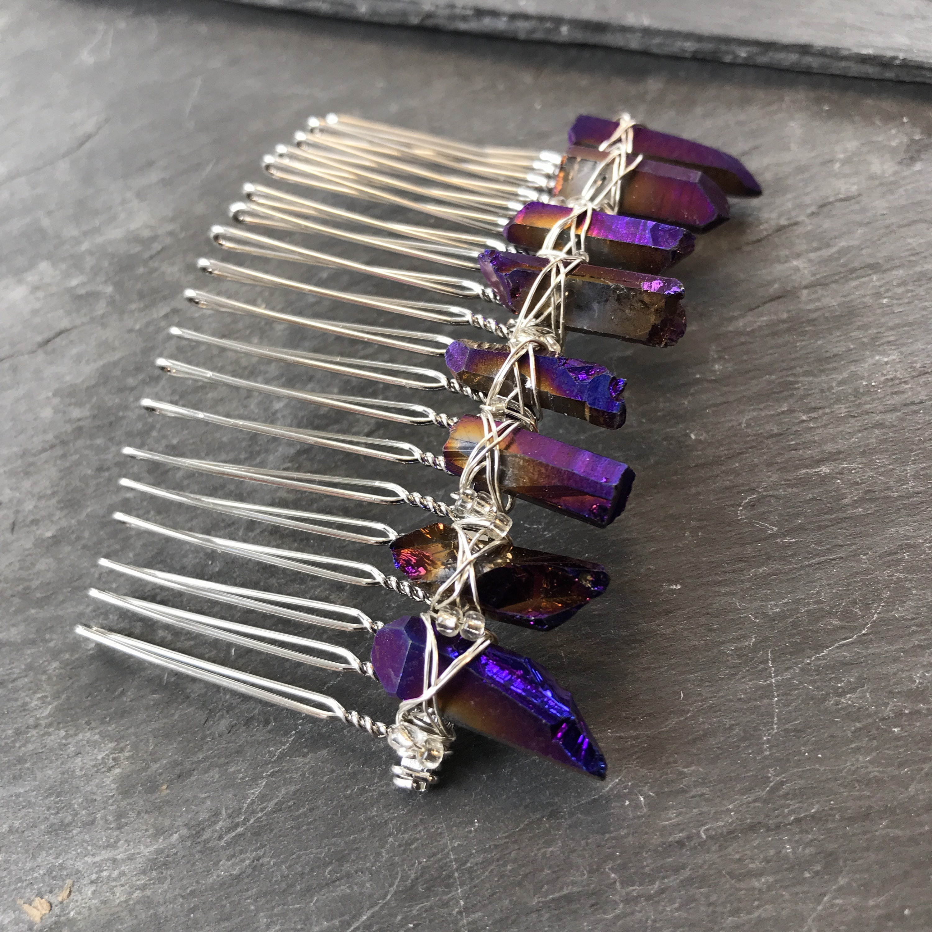 Purple Amethyst Quartz Hair Pin Comb Accessory Purple Crystal Decorative Hair Comb, Mauve Bridal and  main image 4