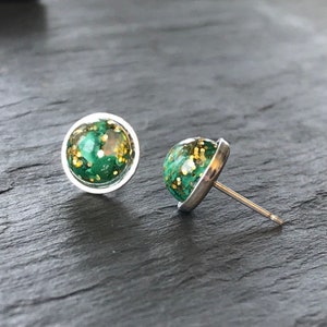 Malachite 8mm Stud Earrings, 925 Sterling Silver, Handmade Cabochon, Unique Gift For Her, Wedding Jewellery, Everyday Wear, Green Stone