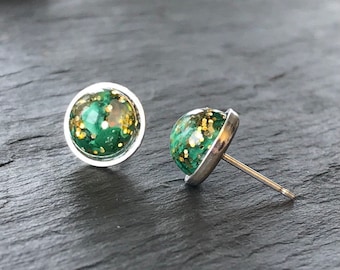 Malachite 8mm Stud Earrings, 925 Sterling Silver, Handmade Cabochon, Unique Gift For Her, Wedding Jewellery, Everyday Wear, Green Stone