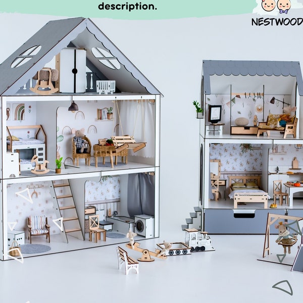 Customizable Wooden Dolls House for Kids with Furnitures, Tiny Wood Playhouse for Girls, Montessori Doll House, Modern Tiny Toy House