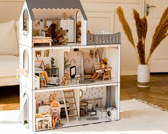 Handcrafted Doll House Cottage w/32 Pieces of Furniture, Wooden Peg Dolls' House, Painted Dollhouse, Doll Furniture