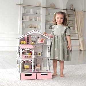 Pink Modern Dollhouse Premium Quality for Small Dolls - 3 Stories Swing Elevator Terrace