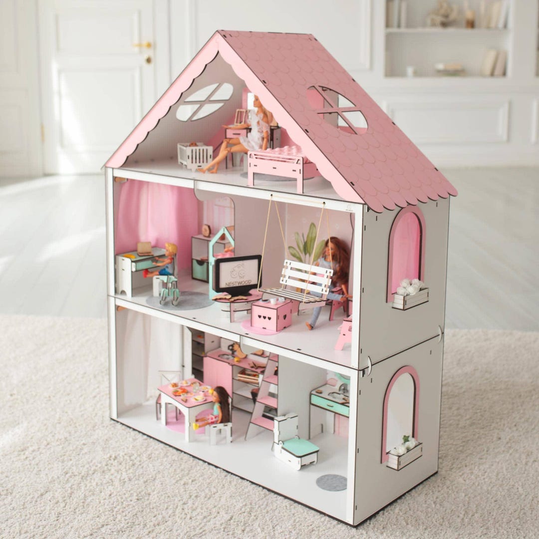 Wooden Pink Mini House Dolls House Wooden Dollhouse for Kids