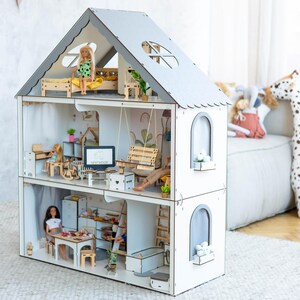 Wooden Dollhouse Christmas Kids Gifts 1st Birthday wood Dollhouse with furniture Dollhouse kit Wooden Eco Toy