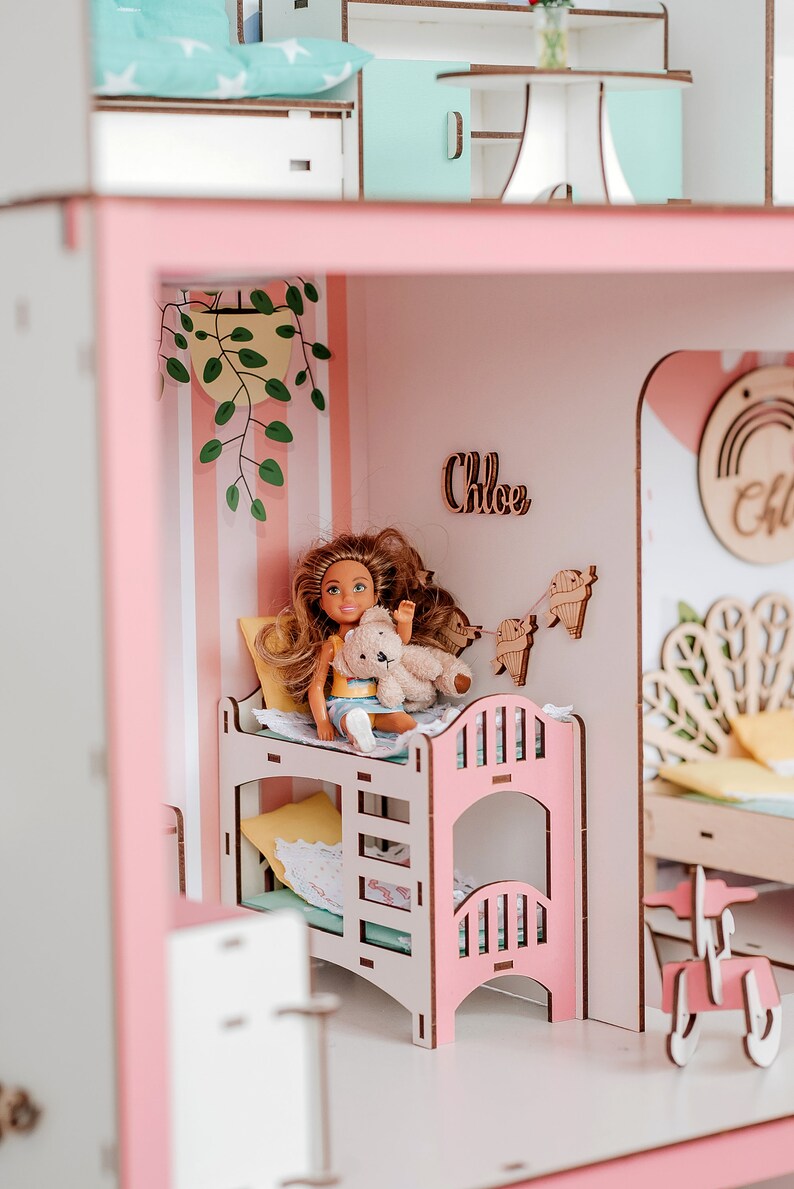 Wood Dollhouse With Bathroom Tiny Wood Playhouse Montessori Etsy