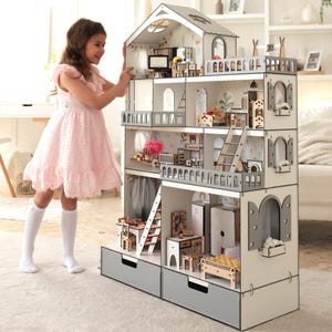 Wooden Dolls House, Dollhouse for girls, Pink Dollhouse, Gift for little girls, Dollhouse Kit, Dolls House with Furnitures, Large Dollhouse