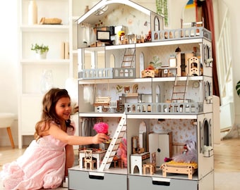 Luxury Wooden Dollhouse for Small Dolls | NestWood Mansion with 5 Rooms, Elevator, and Swing