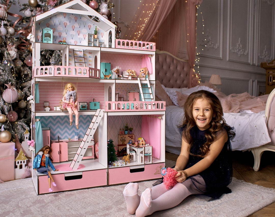 Wooden Dollhouse With Furniture, Pink Doll House Furniture, Miniature