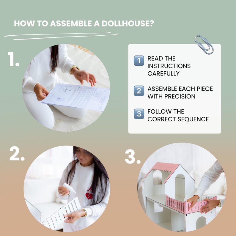 The image is a step-by-step guide on how to assemble a dollhouse, with images showing the process from the initial assembly to the final product.
