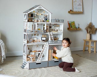 家具付き木製ドールハウス、女の子向け大型ドールハウス、娘へのクリスマスプレゼント、子供のごっこ遊びおもちゃ