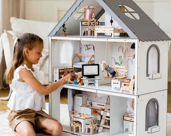 Gran casa de muñecas de madera blanca con loft, columpio y balcón, encantadora casa de juegos con escaleras y escalera