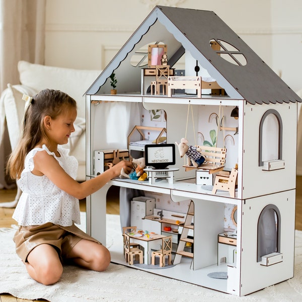 Große Holz Weiße Puppenhaus mit Dachboden, Schaukel und Balkon, Schönes Spielhaus mit Treppen und Leiter