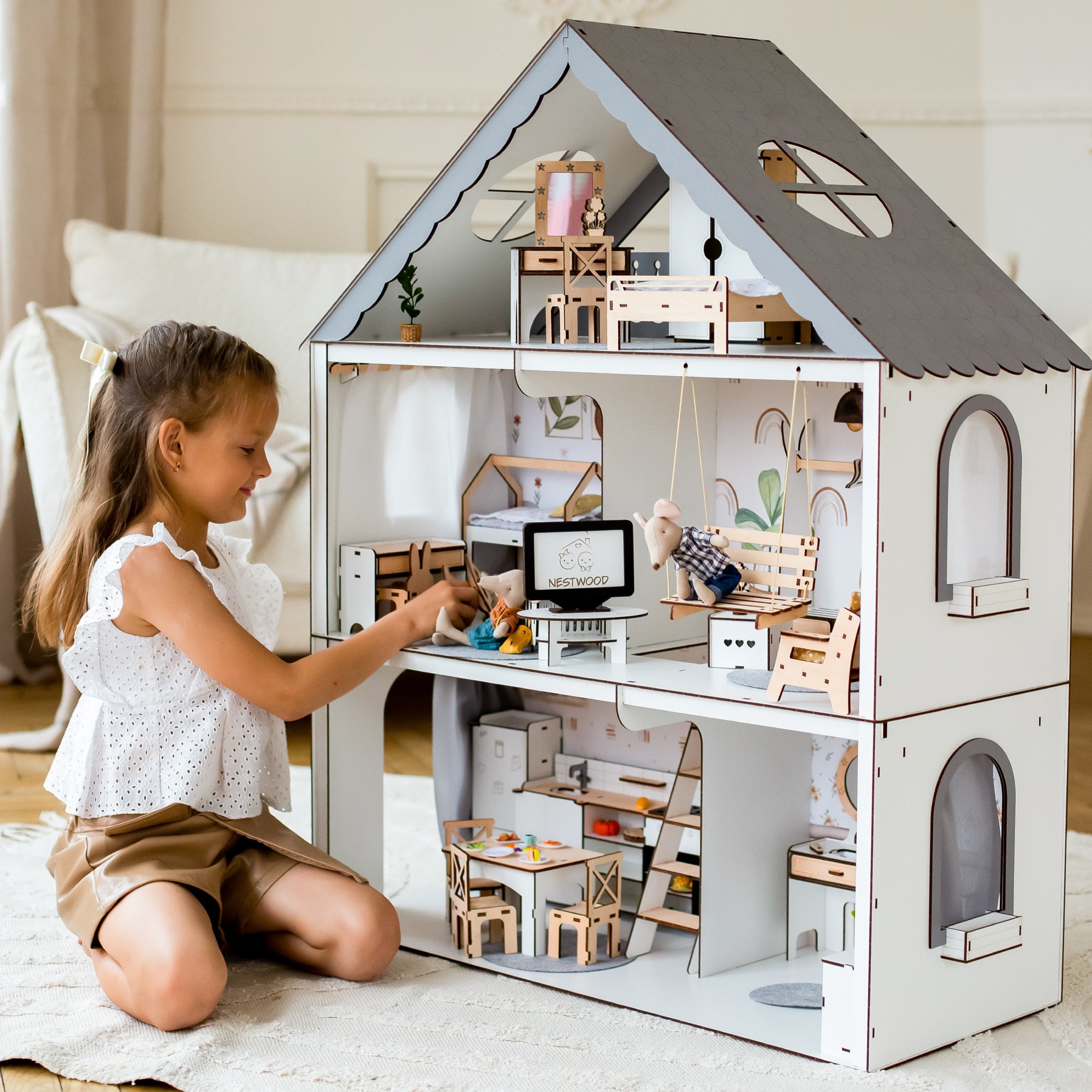 Large Wooden White Dollhouse With Loft, Swing and Balcony, Lovely Playhouse  With Stairs and Ladder 